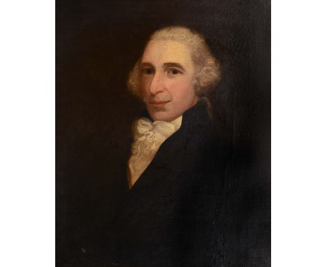 ENGLISH SCHOOL (LATE 18TH CENTURY) Bust length portrait of a gentleman wearing a grey powdered wig, cream stock and dark blue