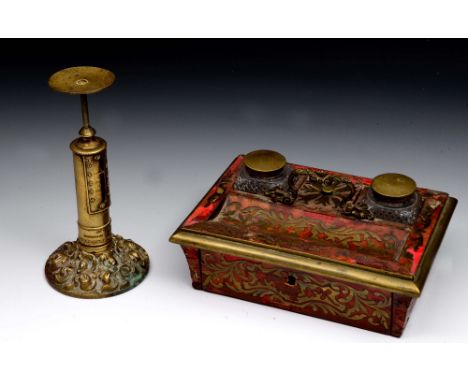 A FRENCH 'BOULLE' BRASS INLAID AND RED TORTOISESHELL DESK STAND, 19cm wide and a set of scales by R.W. Winfield, Birmingham d
