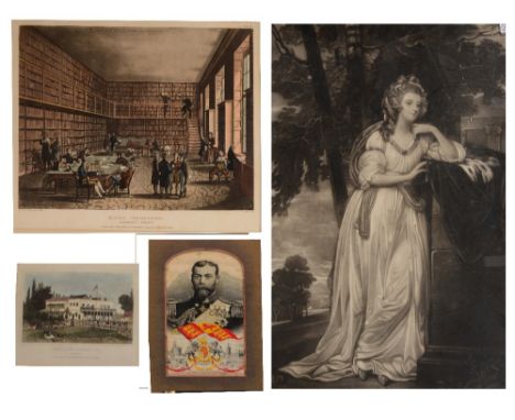 A STEVENGRAPH WOVEN GEORGE V above Royal Crest, Windsor Castle and Houses of Parliament, 14 x 8cm; and three engravings to in