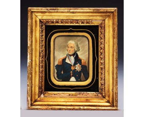 A BAXTER PRINT of Admiral Lord Nelson in a decorative frame, 15 x 17cm overall
