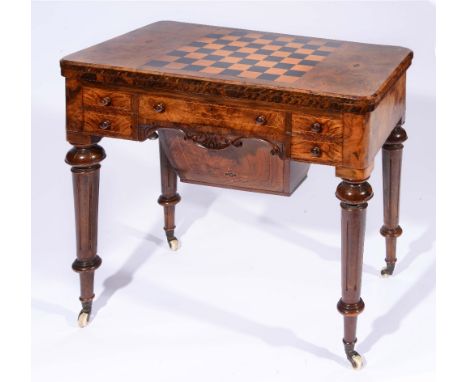 A VICTORIAN FIGURED WALNUT AND MARQUETRY INLAID GAMES TABLE, the fold over top with chess board and green baize playing surfa