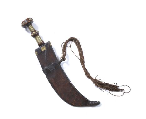 A CENTRAL AFRICAN, CONGO, CHIEFTAINS DAGGER with leather scabbard and brass wire decorated pommel, 38cm longCondition reports