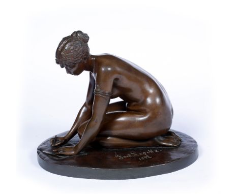 FERDINAND LEPCKE (1866-1909) A bronze study of a nude girl writing, signed on base and dated 1892 and bearing Kalmar foundry 