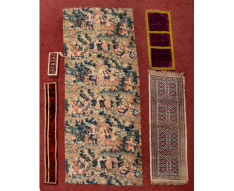 A GROUP OF MIXED TEXTILES, five pieces to include Verdure wall hanging, a rectangular red velvet panel decorated flowers and 