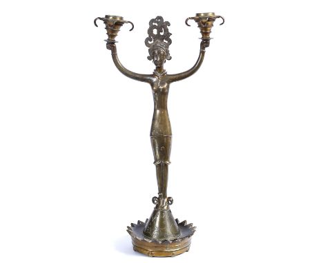 A 19TH CENTURY AUSTRIAN BRONZE CANDLESTICK of oriental figure form on an inverted coronet base, circa 1900, 36cm high