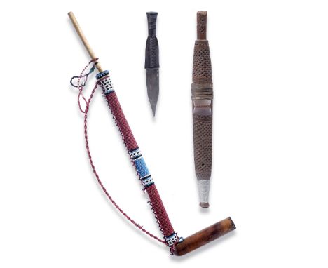 A SHONA TRIBE KNIFE with hatch carved and wirework decoration, 31cm long; another Shona knife without sheath, 17cm long; and 