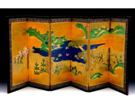 A CHINESE PAINTED SIX FOLD TABLE SCREEN decorated mandarin ducks on a lake with pheasant amongst cherry blossom in a black pa