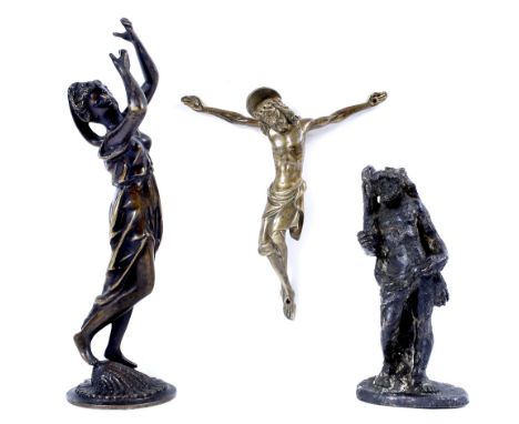 A GROUP OF THREE 18TH AND 19TH CENTURY BRONZE FIGURES including a Corpus Christi, 15.5cm high; a dancing girl, 23cm high; and