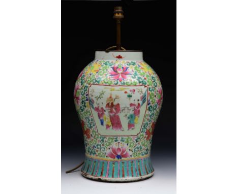 A 19TH CENTURY CHINESE PORCELAIN VASE of baluster form with polychrome enamel decoration, now a table lamp, 38cm high