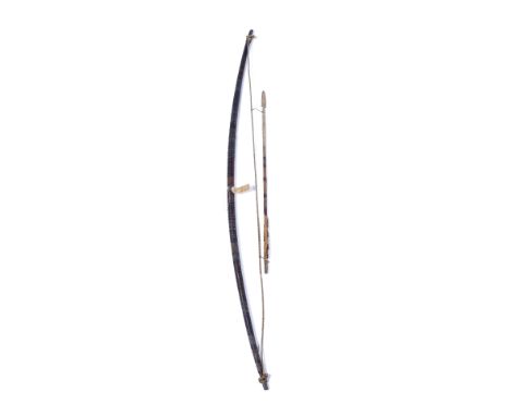 AN AINU BOW AND ARROW with woven bark ornament, 101cm long