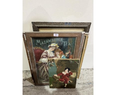 Four framed prints and an unframed tapestry.