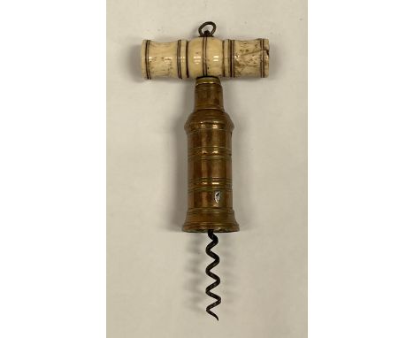 A Thomason type brass corkscrew with turned bone handle.