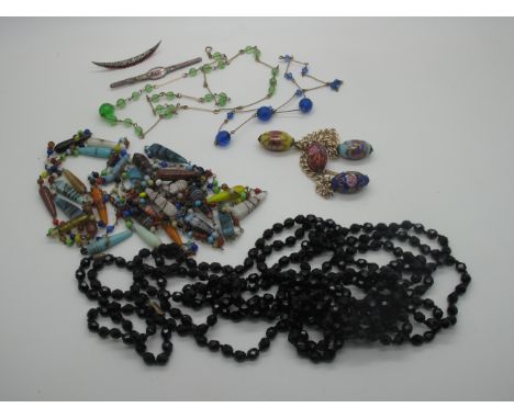 Vintage Bead Necklaces, enamel bar brooch (damages), bracelet with bead drops, vintage crescent brooch.