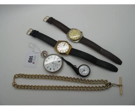 Openface Pocketwatch, a gun metal cased fob watch, modern gilt metal curb link Albert chain; vintage Ferel Electrotime gent's
