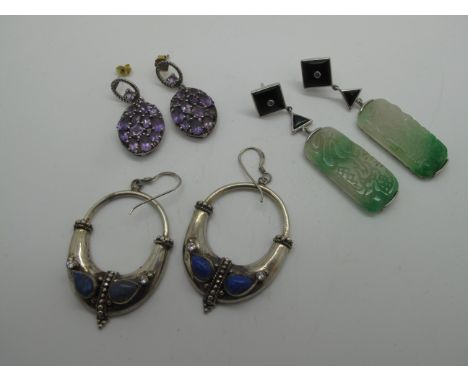 A Pair of Art Deco Style Rectangular Jade Coloured Hardstone Drop Earrings, the carved panel suspending from geometric inset 