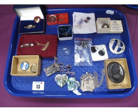 Assorted Costume Jewellery, including modern earrings, cameo dress ring, Victorian style oval brooch, enamel locket pendant (