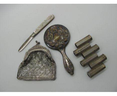 Vintage German Maestro Ges Gesch Pipe Tuner, metal purse,  hallmarked silver and mother of pearl folding fruit knife, miniatu