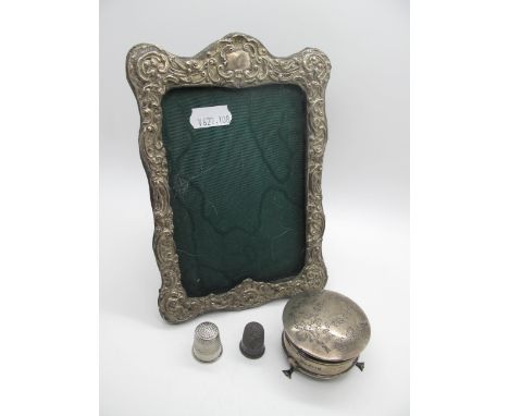 A Decorative Rectangular Photograph Frame, on easel back (lacking glass); together with a hallmarked silver trinket box (dama