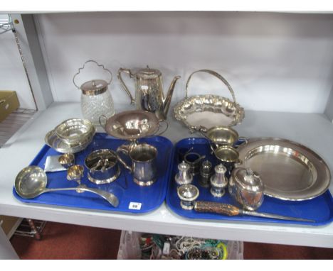 A Collection of Assorted Plated Ware, including decorative glass biscuit barrel with swing handle, decorative swing handled a