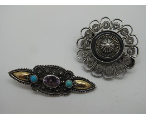 A Circular Open Work Dress Clip, of flower head design, with rope twist and enamel detail, stamped marks, and a decorative ba