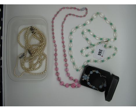 Two Vintage Faceted Bead Necklaces, a dainty vintage marcasite set flowerhead necklace and matching drop earrings, imitation 