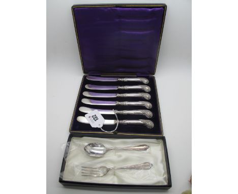 A Set of Six Hallmarked Silver Handled Tea Knives, in original fitted case, together with a modern hallmarked silver christen