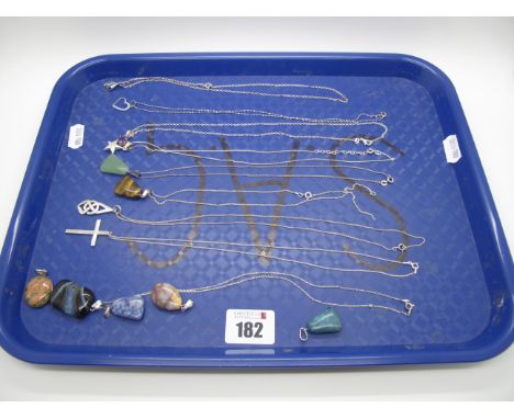 A Small Collection of "925" and Other Pendants on Chains, including polished hardstone, cross, Celtic knot, claw set, etc :- 