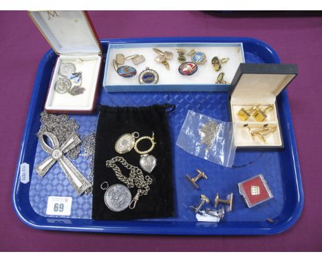 A Selection of Gent's Cufflinks, enamel pin/badges, locket pendants, St Christopher, chains and a large ANKH pendant, etc.