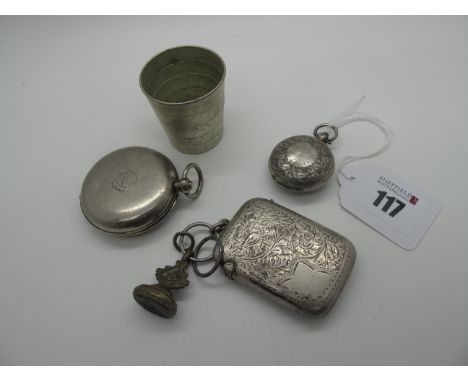 A Hallmarked Silver Sovereign Case, with leaf scroll engraved decoration (dents); a hallmarked silver vesta case, a seal fob 