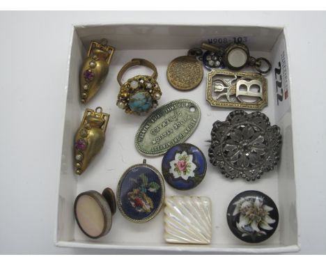 A Pair of Victorian Style Drop Earrings, (lacking hooks); pocket watch key, Victorian button converted to a brooch, enamel bu