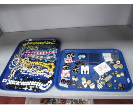 Assorted Vintage and Later Bead Necklaces, shell necklaces, assorted costume earrings :- Two Trays  