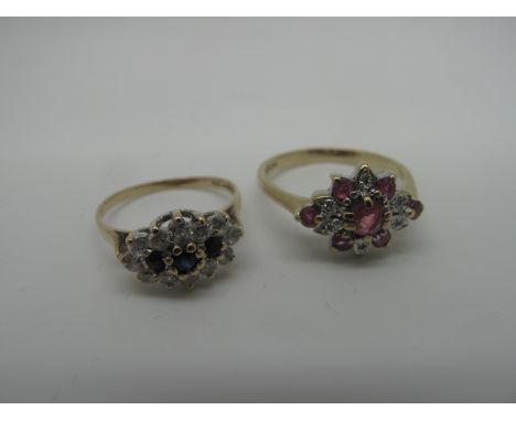 A 9ct Gold Cluster Ring, allover claw set, between tapered shoulders (finger size M½), another 9ct gold cluster ring (finger 