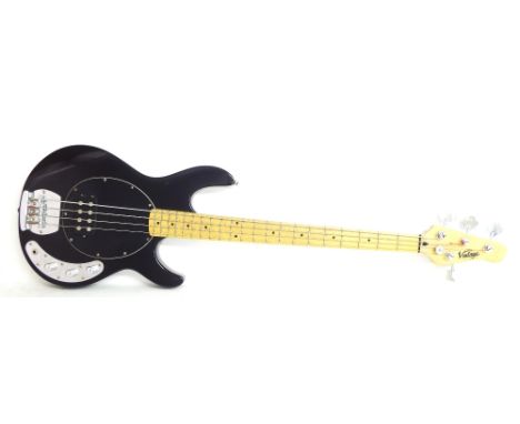 Vintage V96 Stingray bass guitar, black finish with various surface wear, electrics in working order, soft case, condition: g