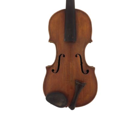 Interesting Milanese style violin, unlabelled, the one piece back of plainish wood with similar wood to the head, the table o