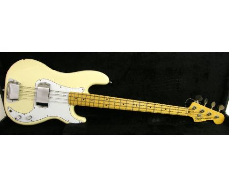 Mid 1980s Fender Precision bass guitar, made in Japan, ser. no. E6xxxx2, Olympic white finish with blemishes and other wear, 