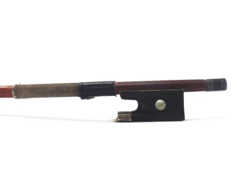 French silver mounted violin bow stamped H Aubry á Paris (probably by L. Bazin), the stick round, the ebony frog inlaid with 