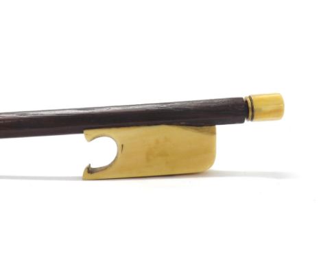 English ivory mounted violin bow circa 1800, unstamped, the stick round, the ivory frog plain and with a hexagonal ivory adju