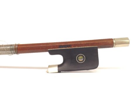 French nickel mounted violin bow stamped J. Lavest, probably by L. Gillet, the stick round, the ebony frog inlaid with nickel