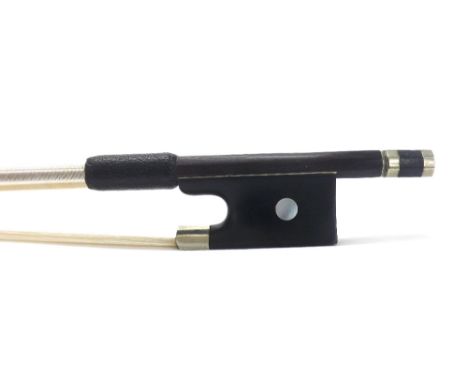 Nickel mounted violin bow stamped Louis Bazin, the stick round, the ebony frog inlaid with pearl eyes and the ebony adjuster 