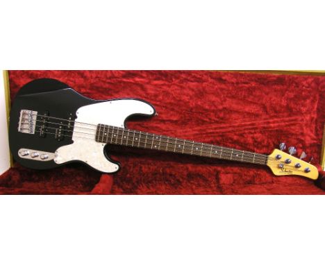 Schecter Diamond Series Model T bass guitar, ser. no. 0xxxxx8, black finish with minor surface imperfections including arm we