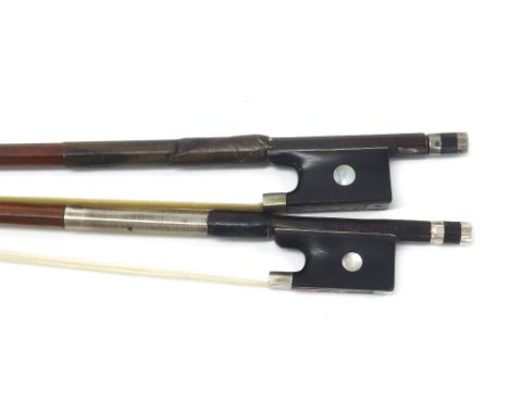 German silver mounted violin bow stamped R. Weichold, Dresden, 59gm; also another violin bow (2)