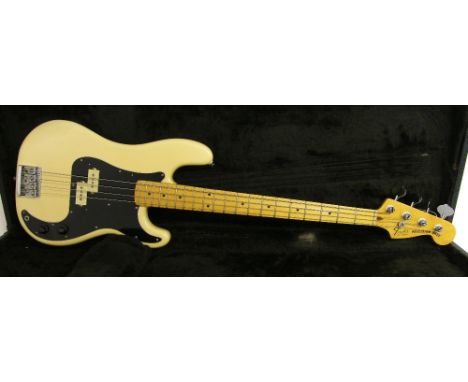 Late 1970s Fender Precision bass guitar, made in USA, ser. no. S9xxxxx0, butterscotch finish with minor wear, black three-ply