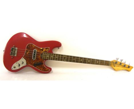 1960s Japanese bass guitar, probably by Teisco, refinished red body with many imperfections, some corrosion to hardware parti