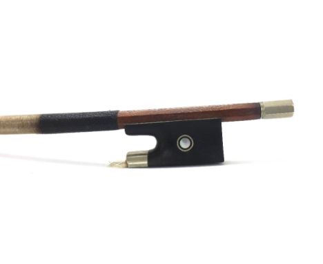 French nickel mounted violin bow by Laberte, unstamped, the stick round, the ebony frog inlaid with nickel rings enclosing pe