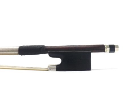 German silver mounted violin bow by and stamped H.R. Pfretzschner, the stick octagonal, the ebony frog plain and the ebony ad