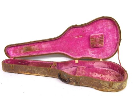 Vintage Gibson guitar hard case, appears to be for a hollow body bass guitar, with brown exterior and pink interior, in extre