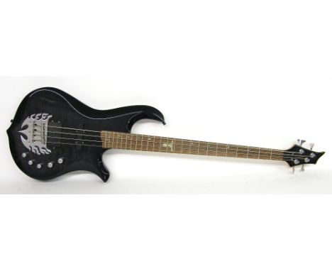 Traben Torrent bass guitar, green/black quilted finish, some light surface wear and touched-up area on the lower tip, electri