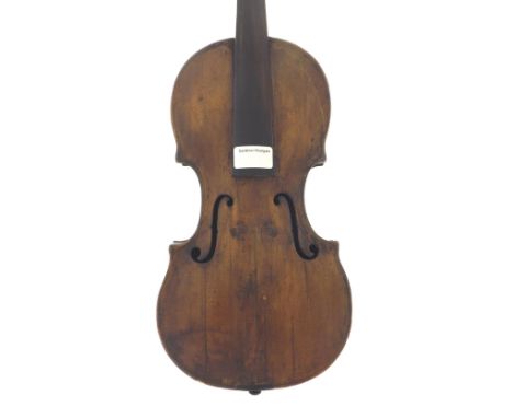 Flemish violin circa 1820, the one piece back of narrow curl with similar wood to the sides, the head of plainish wood, the t