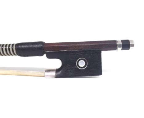 English silver mounted viola bow by and stamped W.E. Hill & Sons, the stick round, the ebony frog inlaid with silver rings en