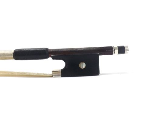 Silver mounted violin bow, unstamped, 61gm